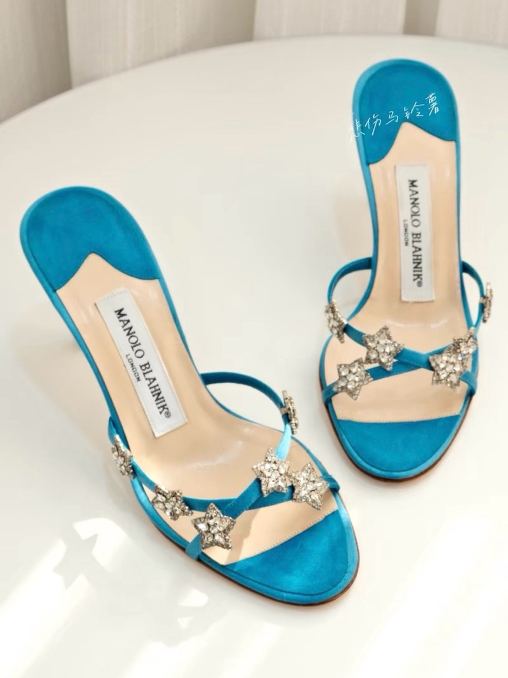 Manolo Blahnik Turquoise Satin Heels with Crystal Star Straps - Picture 6 of 7